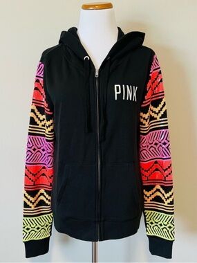 PINK Black Hoodie with Neon Pink, Orange & Yellow Aztec Sleeves